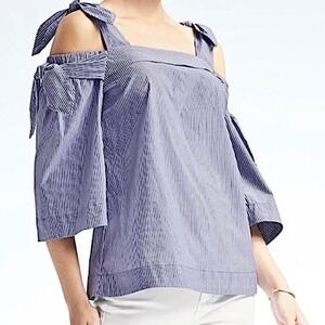 Banana Republic Cold Shoulder Top Tie Sleeve Striped Blouse Small  Blue Nautical